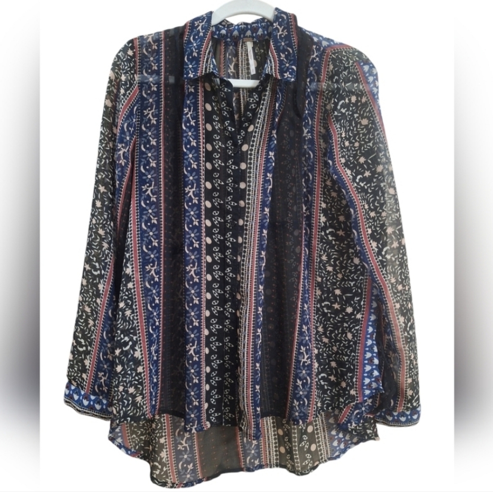 Free People Sheer Patchwork Print Button Down Blo… - image 6